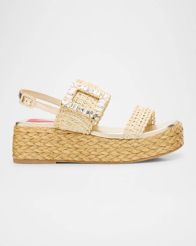 Raffia Crystal Buckle Platform Sandals